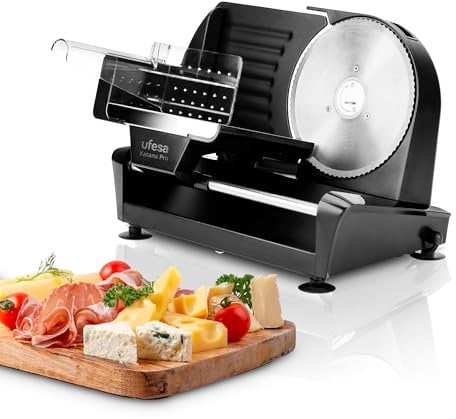 Ufesa Katana Pro Trancheuse Électrique de 200W avec Lame Détachable en Acier Inoxydable, 19mm de Diamètre, Régulateur d'Épaisseur de 0 à 20mm, Bouton de Sécurité, Pieds Antidérapants