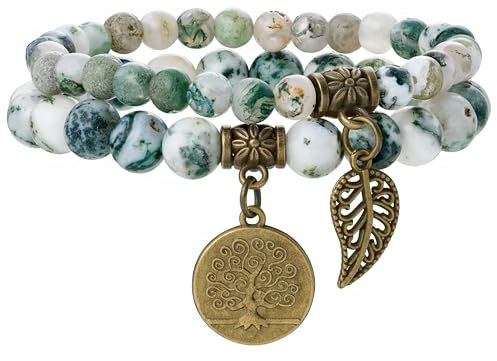 Farfume Chakra Armbänder für Frauen - Kristalle Armband Frauen Natürliche Edelsteine Yoga Reiki - Ein Set von Doppel-Armbänder(Baumachat & Lebensbaum(Mittel)