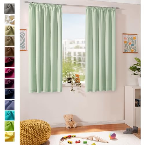 heimtexland ® Dekoschal Baumwolle Uni Blickdicht Vorhang Kräuselband Gardine Kinderzimmer Pastell Mint HxB 150x135 Typ625