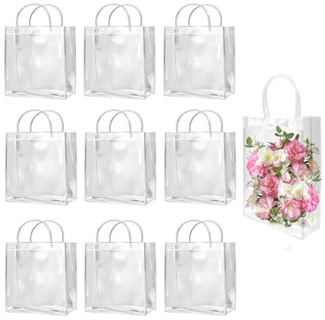 10 Stück Geschenktüten Transparent, 23 * 17 * 7cm Pvc Geschenktüte mit Griffen, Geschenktüten Durchsichtig, Durchsichtige Geschenktaschen, Wiederverwendbare Durchsichtige Tasche für Shopping