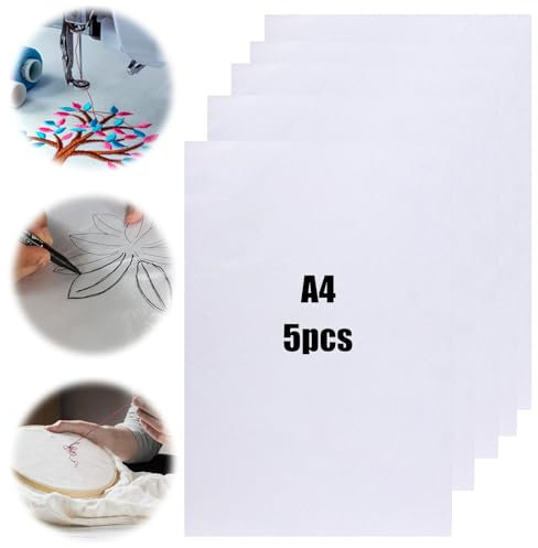 Stickvlies Wasserlöslich Selbstklebend,5 Blätter Wasserlösliches Stickvlies,Stickvlies WasserlöSlich Selbstklebend für Anfänger Drucken oder Zeichnen von Mustern geeignet (5 PCS A4)