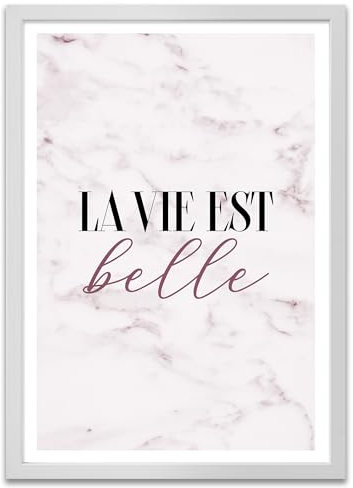 ARTFAVES® Poster - La vie est belle | Wanddeko Wandbild Typografie Spruch | mit Rahmen Weiss | 21 x 30 cm