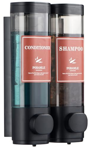 Shampoo and Conditioner Dispenser Wall Mounted Shower Soap Dispenser No Drill Shampoo Dispenser for Shower 2 Chamber Bathroom Body Wash Shower Gel Holder Black