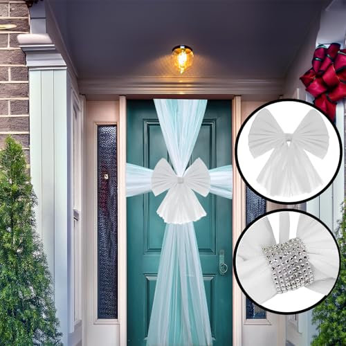 UNIQUE HOME LIVING White Door Bow Decoration, Party Wedding Christmas Door Bow Kit, Polyester Decorative Ribbon Wrap Front Door Bow - 45 x 246cm
