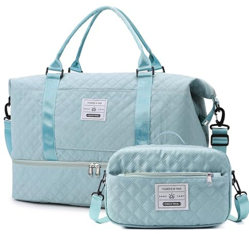 Outplea Grand Sac de Voyage 55L Femme Fille, Sac Valise avec Poche Humide, Sac de Transport Sac Weekend avec Compartiments à Chaussures, Sac à Main avec Trousse de Toilette pour Natation, Bleu
