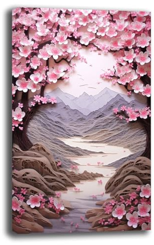 Quadro Moderno Fiori Ciliegia Fiume Quadri moderni soggiorno da Parete grande Stampa su tela Canvas Decorazione Murale muro Arredo Camera da letto Cucina Hotel B&B (9, 70x120 cm, Canvas intelaiato)