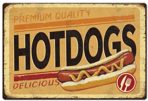 Hobbspring 1 Stück Vintage Blechschilder Aus Metall 20x30cm Hot Dogs Schilder Retro Lebensmittelplakat Metall Wanddekoration Mit 4 vorgebohrten Löchern Für Zuhause Küche Restaurant Kaffee Dekoration