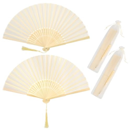 Vaktop Handfächer, 2er Klein Handfächer aus Stoff für eine Abkühlung im Sommer, Faltbar Handfächer mit Quaste und Fan-Tasche - für Hochzeite Bevorzugung Aufführung Tanz Dekoration (Beige)