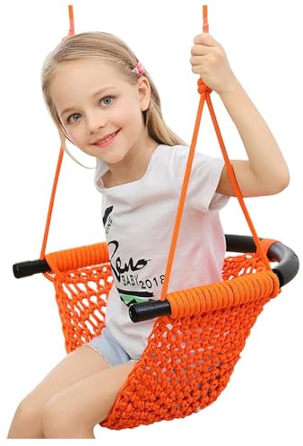 Swing Seat For Kids，Little Swing Set，Hand-Knitting Toddler Swing With Adjustable Ropes, Rope Play Swing Set For Tree, Outdoor Indoor, Playgroun (ORANGE)