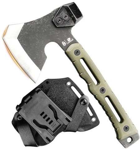 HX OUTDOORS Ascia Multifunzionale, Piccola Tattica da Sopravvivenza per Campeggio, Piccolo Ascia da Bushcraft con Martello e Fodero in Kydex (Verde Militare)