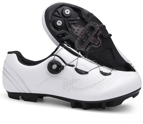 PENXZT MTB Schuhe Herren Fahrradschuhe Mountainbike Sneaker kompatibel mit SPD 2 Schrauben mit Cleats Atmungsaktive Fahrrad Spin Schuhe Outdoor,Weiß,43 EU