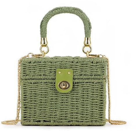 SUKUTU Sac en rotin tressé à la main pour femme - Paille tressée carrée - Vintage - Panier à main - Sac à main - Sac de plage, vert
