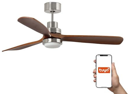 Faro Lantau Ventilador de techo XL de 3 aspas en níquel satinado y nogal con luz de 3000 K, sistema inteligente Tuya
