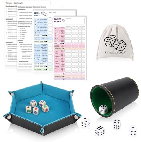 17 Stück Würfel Spiel Set Pokerwürfel Set Kniffelbecher 1 Leder Würfelbecher mit kniffelblock 5 Würfeln 5 Pokerwürfel 2 Punktetabelle 1 Würfelteller Filz 2 Spielanleitung Stoffbeutel für Yahtzee