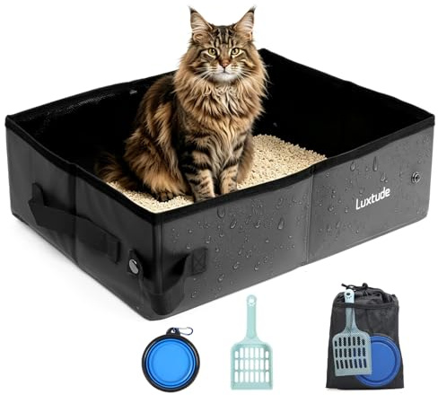 Luxtude Collapsible Travel Litter Box for Cats, Waterproof & Smell-Proof Portable Cat Litter Box, Sturdy Shape and Hard Bottom for Car, Hotel, and Outdoor Use (Black, L-Open)