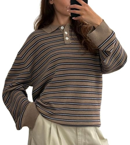 Women Striped Oversized Polo Shirt Long Sleeve Lapel Collar Pullover Sweater Color Block Rugby Sweatshirt