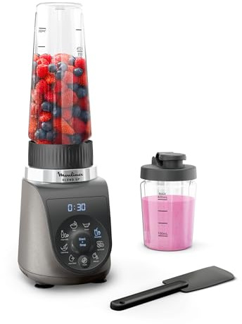 Moulinex - Blend Up Mini blender avec 2 bouteilles Etain - 1000w - Gris | Mixe smoothies, Boissons végétales et sauces avec 8 programmes automatiques - Lames Powelix - Nettoyage facile