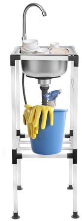 ﻿TONFEION Freistehende Edelstahl Spültisch, Küchenspüle Gewerbespüle mit Kaltwasserhahn und Abflussrohr, Spülbecken Set Mobile Edelstahl Spüle, Outdoor Waschbecken Camping Spüle, 42x37x83cm