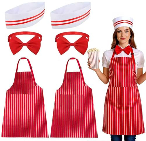 Taechalingo Popcorn Kostüm,Kochmütze Schürze Set,Schürze Und Kochmütze Set,Kellner Kostüm im 50er Jahre Stil,Einstellbar LätzchenSchürze Mit Taschen,Atmungsaktive Backschürze mit zwei Taschen