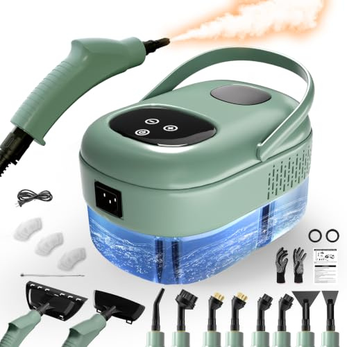 Dampfreiniger, Handdampfreiniger mit 1,1L Wassertank, 15s Aufheizzeit, Grün | 6-stufig verstellbarer Dampfreiniger Handgerät mit 15 Zubehörteilen, Steam Cleaner für Haushalt, Auto, Küche, Bad, Fenstern