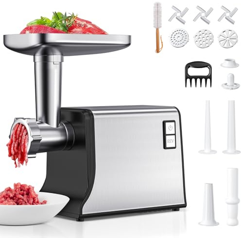 Picadora de carne eléctrica, 3000W multifuncional de acero inoxidable con 3 placas de corte, 3 cuchillas, kit para kubbe y 3 tubos para salchichas, máquina de moler alimentos para uso doméstico