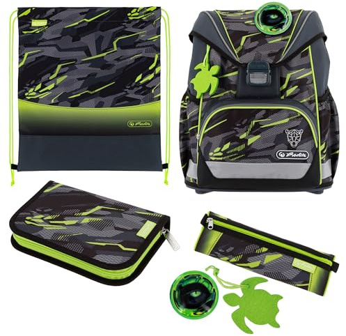 herlitz Schulranzen Set 6-teilig Ultralight Wild Panther 1. Klasse | Schwarz Grün, 16l, Ergonomisch, Ultraleichte Schultasche