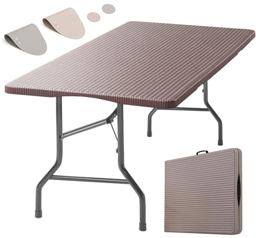 Eiryss Mesa Plegable Exterior 180x70cm, Mesa de Jardín Plegable 8 Personas, Marrón con Tablero Plástico Efecto Mimbre y Estructura Hierro, 150 kg, 3 Cierres Seguridad, Mesa Buffet Terraza Balcón