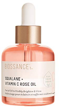 BIOSSANCE Squalane + Vitamin C Rose Oil, Advanced Facial Oil - Brightening, Firming, and Hydrating Serum for All Skin Types - Chios Crystal Oil, Damascus Rose Extract & Squalane for Radiance - 1oz