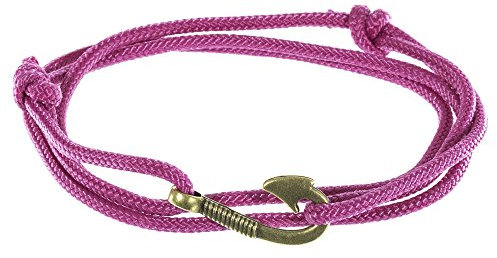 West Coast Paracord Men's Adjustable Nautical Anchor and Fish Hook Wrap Cuff Bracelets - Available in a Variety of Finishes and Colors - Made of Nylon Rope Pink