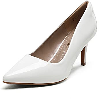 DREAM PAIRS Women's Slip On Low Mid Heels Pointed Closed-Toe Dress Court Shoes KUCCI,Size 5,White/pat,KUCCI