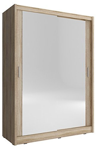 mb-moebel Armoire de Chambre avec 2 Portes coulissantes | Armoire avec Miroir | Penderie (Tringle) avec étagères | Style Contemporain (L x H x P): 130x200x62 Borneo A2 (Sonoma, 130 cm)