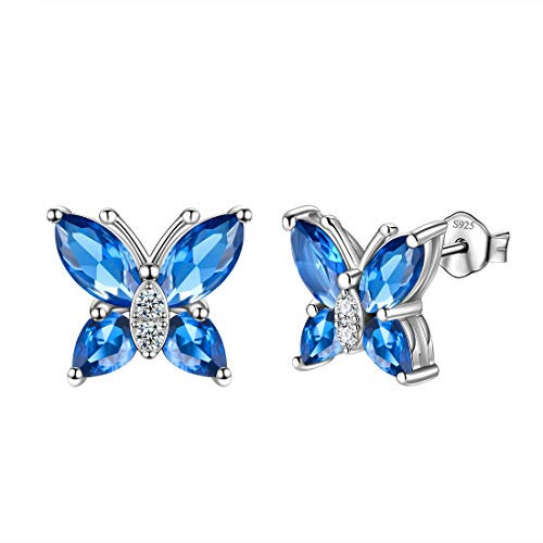 Aurora Tears Butterfly Earrings 925 Sterling Sliver September Birthstone Blue Sapphire Stud Animals Earrings Jewelry Gift for Women and Girls DE0160S