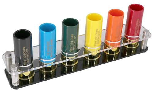 HUNTPAL Schnapsgläser mit 12 Gauge (12 Gauge), 6 farbige Schnapsgläser mit 1 x 6 Acryl-Tablett, Geschenkbox, Segenskarten, cooles lustiges Geschenkset, Bar-Party-Dekoration für Männer, Jäger-Shooter