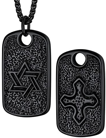 Bestyle Halskette mit Hexagramm Anhänger, Edelstahl Davidstern Kette Herren, Männer Dog Tag Anhänger, Jüdischer Schmuck, Länge 60cm, Schwarz