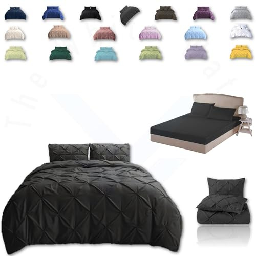 TheWhiteWater Duvet Set - 2/3 in 1 Bedding Set - Duvet Cover + Matching Pillowcases + Fitted Bed Sheets - NPolycotton Pintuck Cover (Charcoal, 3 in 1 Bedding Set - King)