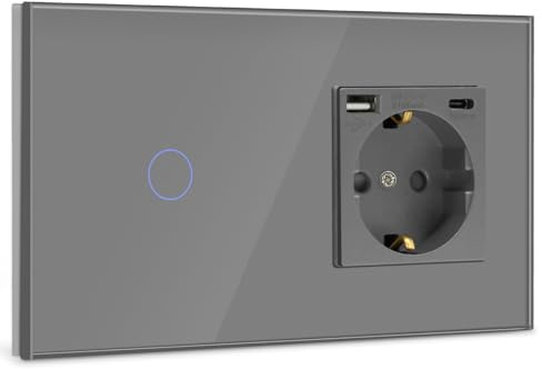 BSEED Touch Lichtschalter mit USB Steckdose Anschluss (Max. 2.1A) Typ C Port 1 Fach 1 Weg Wandschalter mit USB Steckdose Unterputz Lichtschalter mit Glasrahmen Grau (Nicht Smart Schalter)