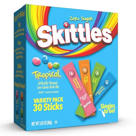SINGLES TO GO! Skittles Singles To Go - Paquete variado de sabores tropicales, mezcla de bebida en polvo, fruta de estrella de fresa, tangelo de mango, kiwi lima, piña y maracuyá, 1 caja (30 porciones