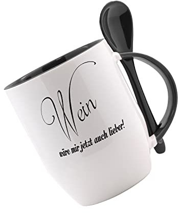 Tasse mit Löffel - Wein wäre mir jetzt auch lieber. - Löffeltasse, Kaffeetasse mit Motiv,Bürotasse, bedruckte Tasse mit Sprüchen oder Bildern