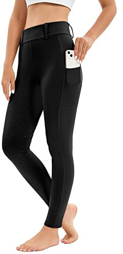 Reitleggings Damen Vollbesatz mit Handytasche, High Waist Reithose Damen Mädchen Stretch mit Gürtelschlaufen Schwarz 3XL