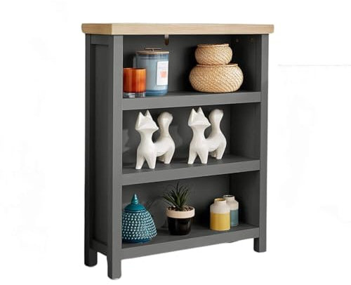 Home Source Low Bookcase Display Unit, 3 Bookshelves, Oak Effect, Dark Grey