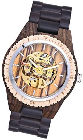 MicLee Herren Einfach Holzuhr Aushöhltes mechanisches Naturholz Zifferblatt Analog Quarzwerk Armbanduhr Für Männer Ehemann Geschenke