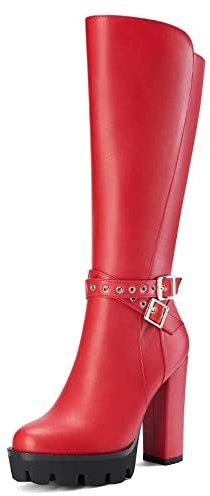Castamere Donna Chunky Blocco Alto High Tacco Heel Chiusa Rotonda Punta Metà polpaccio Cerniera Fibbia Ufficio Classico Stivali Rosso 39 EU