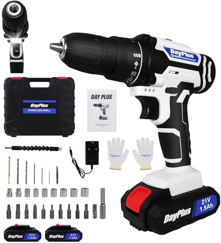 21V Cordless Li-ion Drill Driver Electric Wall Drill Tool Set DIY Home Impact Drill, 2 x 1500mAh Li-Ion Batteries, 3/8'' Chuck, 25+1 Torque, LED Light, 2 Speed, Hammer Drill with 29pcs Accessories