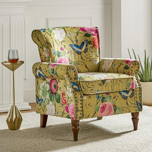 FABRICATION HAUS Modern Floral Armchair with Solid Wood Legs, Mustard