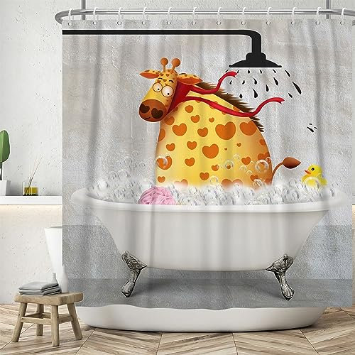 ASDCXZ Lustig Duschvorhang 180x200 cm, Vintage Hintergrund Lustig Giraffe Baden Ente Kinder Bad Waschbar Duschvorhänge Polyester Textil Wasserdicht Badevorhang für Badewanne mit 12 Haken