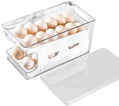 Distributeur d'oeufs à 2 étages avec boîte, support d'oeufs, boîte d'organisation d'oeufs, distributeur d'oeufs roulant automatique pour réfrigérateur, bac à oeufs peu encombrant (Blanc, 24 œufs)