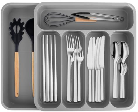 XTDMJ Cutlery Drawer Organiser, Extendable Kitchen Drawer Organiser Storage Trays, Cutlery Organiser Compact Plastic Cutlery Tray for Knives, Forks and Spoons, Large (Grey)