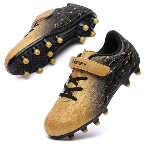 Fußballschuhe Kinder FG/AG Fussballschuhe Footballschuhe Jungen Mädchen Kids Kunstrasen Trainingsschuhe Soccer Schuhe Sportschueh Teens draußen Hallenfußball Indoor Outdoor Unisex Schwarzes Gold EU28