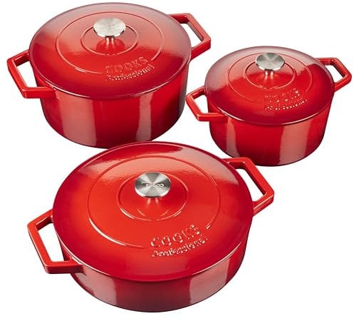 Cooks Professional Set of 3 Cast Iron Casserole Dishes with Lid & Handles | 20, 26 & 28cm | Colourful Enamelled Cooking Pans Pots | Suitable For All Hobs Inc Induction | Oven & Grill Safe | Red