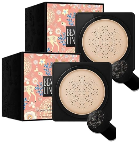 Beauty Cream, Mushroom Head Makeup Brush, Mushroom Head Air Cushion CC Cream, Beauty Concealer Moisturizing Brightening Cream Foundation (Ivory White+Nature, S)